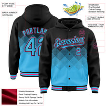 Загрузить изображение в средство просмотра галереи, Custom Black Sky Blue-Pink Gradient Square Shape 3D Pattern Design Bomber Full-Snap Varsity Letterman Hoodie Jacket
