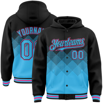 Custom Black Sky Blue-Pink Gradient Square Shape 3D Pattern Design Bomber Full-Snap Varsity Letterman Hoodie Jacket