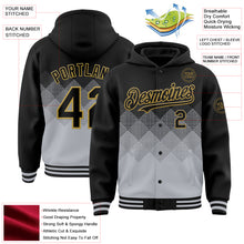 Charger l&#39;image dans la galerie, Custom Black Gray-Old Gold Gradient Square Shape 3D Pattern Design Bomber Full-Snap Varsity Letterman Hoodie Jacket
