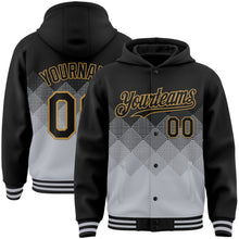 Charger l&#39;image dans la galerie, Custom Black Gray-Old Gold Gradient Square Shape 3D Pattern Design Bomber Full-Snap Varsity Letterman Hoodie Jacket
