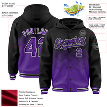 Загрузить изображение в средство просмотра галереи, Custom Black Purple-White Gradient Square Shape 3D Pattern Design Bomber Full-Snap Varsity Letterman Hoodie Jacket
