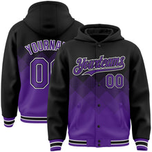 Загрузить изображение в средство просмотра галереи, Custom Black Purple-White Gradient Square Shape 3D Pattern Design Bomber Full-Snap Varsity Letterman Hoodie Jacket
