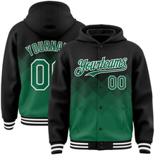 Charger l&#39;image dans la galerie, Custom Black Kelly Green-White Gradient Square Shape 3D Pattern Design Bomber Full-Snap Varsity Letterman Hoodie Jacket
