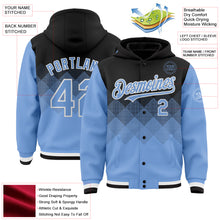 Загрузить изображение в средство просмотра галереи, Custom Black Light Blue-White Gradient Square Shape 3D Pattern Design Bomber Full-Snap Varsity Letterman Hoodie Jacket
