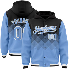 Загрузить изображение в средство просмотра галереи, Custom Black Light Blue-White Gradient Square Shape 3D Pattern Design Bomber Full-Snap Varsity Letterman Hoodie Jacket
