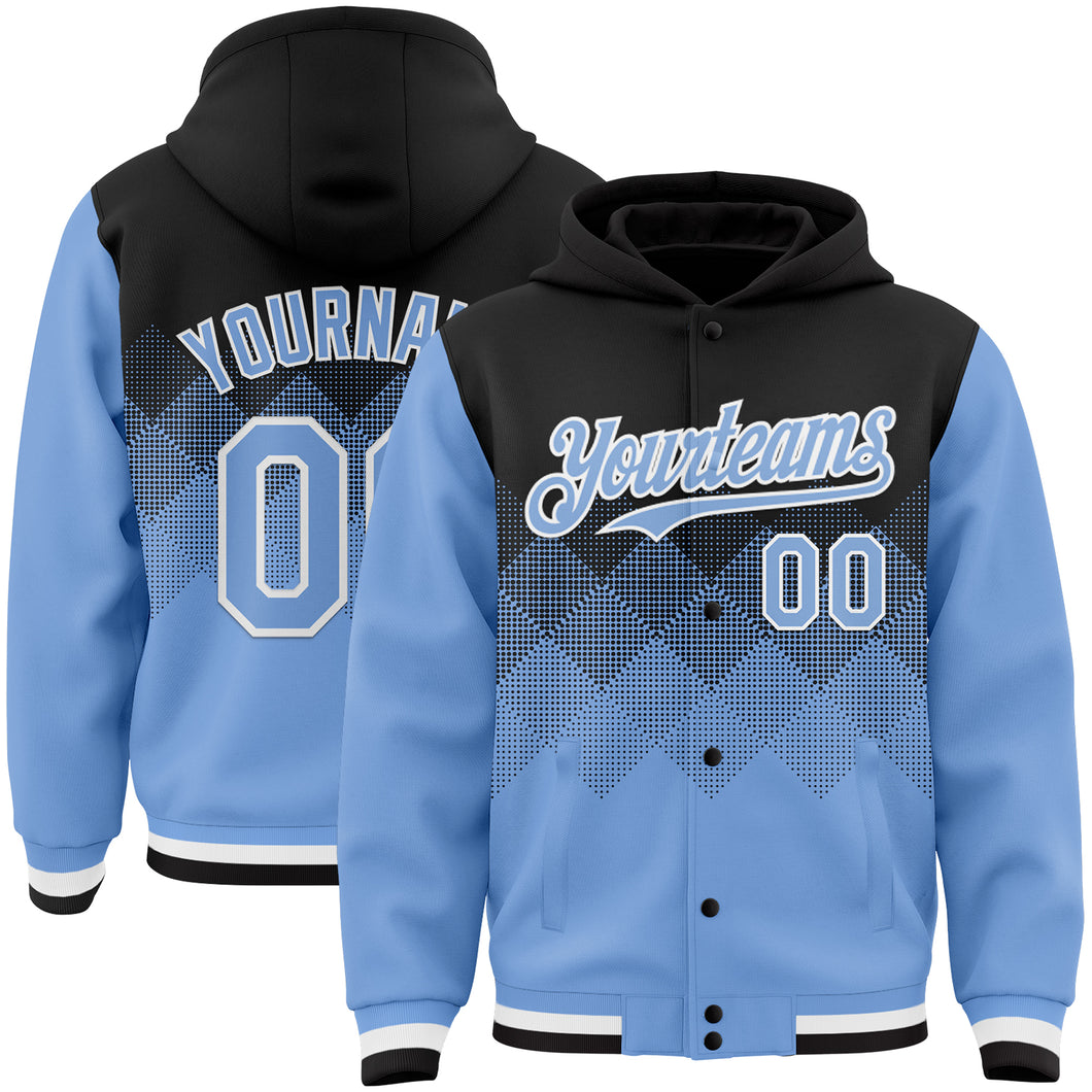 Custom Black Light Blue-White Gradient Square Shape 3D Pattern Design Bomber Full-Snap Varsity Letterman Hoodie Jacket