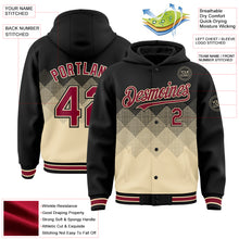 Загрузить изображение в средство просмотра галереи, Custom Black City Cream-Crimson Gradient Square Shape 3D Pattern Design Bomber Full-Snap Varsity Letterman Hoodie Jacket
