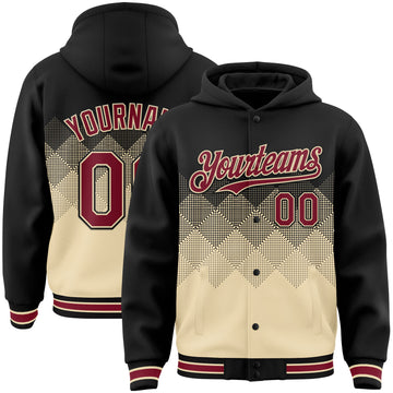 Custom Black City Cream-Crimson Gradient Square Shape 3D Pattern Design Bomber Full-Snap Varsity Letterman Hoodie Jacket