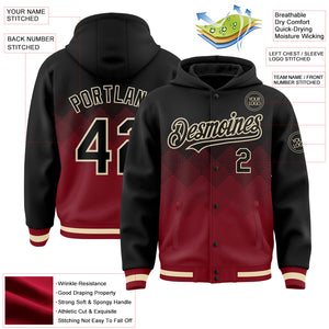 Custom Black Maroon-Cream Gradient Square Shape 3D Pattern Design Bomber Full-Snap Varsity Letterman Hoodie Jacket