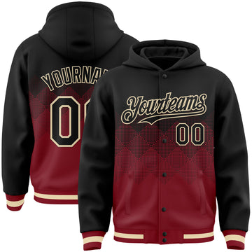 Custom Black Maroon-Cream Gradient Square Shape 3D Pattern Design Bomber Full-Snap Varsity Letterman Hoodie Jacket