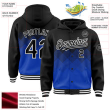 Charger l&#39;image dans la galerie, Custom Black Thunder Blue-White Gradient Square Shape 3D Pattern Design Bomber Full-Snap Varsity Letterman Hoodie Jacket
