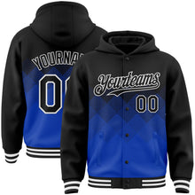 Charger l&#39;image dans la galerie, Custom Black Thunder Blue-White Gradient Square Shape 3D Pattern Design Bomber Full-Snap Varsity Letterman Hoodie Jacket
