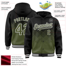 Charger l&#39;image dans la galerie, Custom Black Olive-White Gradient Square Shape 3D Pattern Design Bomber Full-Snap Varsity Letterman Hoodie Jacket
