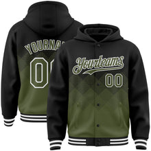 Charger l&#39;image dans la galerie, Custom Black Olive-White Gradient Square Shape 3D Pattern Design Bomber Full-Snap Varsity Letterman Hoodie Jacket
