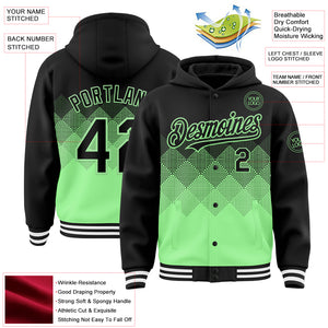 Custom Black Pea Green-White Gradient Square Shape 3D Pattern Design Bomber Full-Snap Varsity Letterman Hoodie Jacket