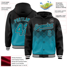 Charger l&#39;image dans la galerie, Custom Black Teal-White Gradient Square Shape 3D Pattern Design Bomber Full-Snap Varsity Letterman Hoodie Jacket
