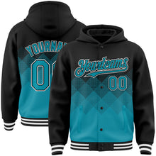 Charger l&#39;image dans la galerie, Custom Black Teal-White Gradient Square Shape 3D Pattern Design Bomber Full-Snap Varsity Letterman Hoodie Jacket
