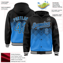 Загрузить изображение в средство просмотра галереи, Custom Black Powder Blue-White Gradient Square Shape 3D Pattern Design Bomber Full-Snap Varsity Letterman Hoodie Jacket
