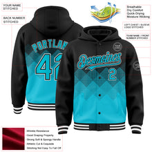 Charger l&#39;image dans la galerie, Custom Black Lakes Blue-White Gradient Square Shape 3D Pattern Design Bomber Full-Snap Varsity Letterman Hoodie Jacket
