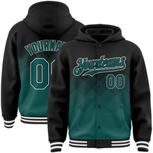 Charger l&#39;image dans la galerie, Custom Black Midnight Green-White Gradient Square Shape 3D Pattern Design Bomber Full-Snap Varsity Letterman Hoodie Jacket
