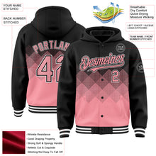 Charger l&#39;image dans la galerie, Custom Black Medium Pink-White Gradient Square Shape 3D Pattern Design Bomber Full-Snap Varsity Letterman Hoodie Jacket
