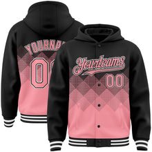 Charger l&#39;image dans la galerie, Custom Black Medium Pink-White Gradient Square Shape 3D Pattern Design Bomber Full-Snap Varsity Letterman Hoodie Jacket
