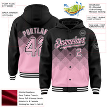 Charger l&#39;image dans la galerie, Custom Black Light Pink-White Gradient Square Shape 3D Pattern Design Bomber Full-Snap Varsity Letterman Hoodie Jacket
