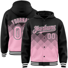 Charger l&#39;image dans la galerie, Custom Black Light Pink-White Gradient Square Shape 3D Pattern Design Bomber Full-Snap Varsity Letterman Hoodie Jacket
