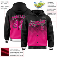 Charger l&#39;image dans la galerie, Custom Black Hot Pink-White Gradient Square Shape 3D Pattern Design Bomber Full-Snap Varsity Letterman Hoodie Jacket
