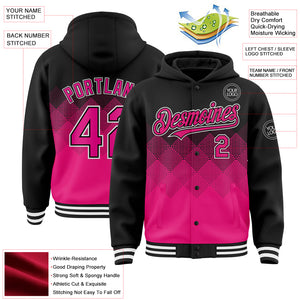 Custom Black Hot Pink-White Gradient Square Shape 3D Pattern Design Bomber Full-Snap Varsity Letterman Hoodie Jacket