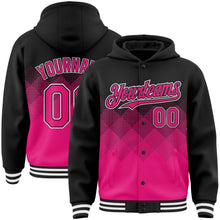 Charger l&#39;image dans la galerie, Custom Black Hot Pink-White Gradient Square Shape 3D Pattern Design Bomber Full-Snap Varsity Letterman Hoodie Jacket
