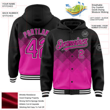 Charger l&#39;image dans la galerie, Custom Black Deep Pink-White Gradient Square Shape 3D Pattern Design Bomber Full-Snap Varsity Letterman Hoodie Jacket
