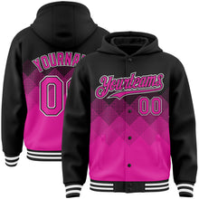 Charger l&#39;image dans la galerie, Custom Black Deep Pink-White Gradient Square Shape 3D Pattern Design Bomber Full-Snap Varsity Letterman Hoodie Jacket
