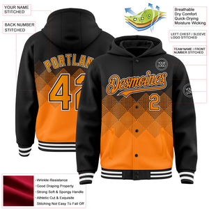 Custom Black Bay Orange-White Gradient Square Shape 3D Pattern Design Bomber Full-Snap Varsity Letterman Hoodie Jacket