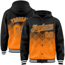 Charger l&#39;image dans la galerie, Custom Black Bay Orange-White Gradient Square Shape 3D Pattern Design Bomber Full-Snap Varsity Letterman Hoodie Jacket
