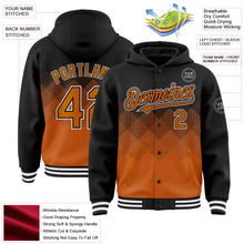 Загрузить изображение в средство просмотра галереи, Custom Black Texas Orange-White Gradient Square Shape 3D Pattern Design Bomber Full-Snap Varsity Letterman Hoodie Jacket
