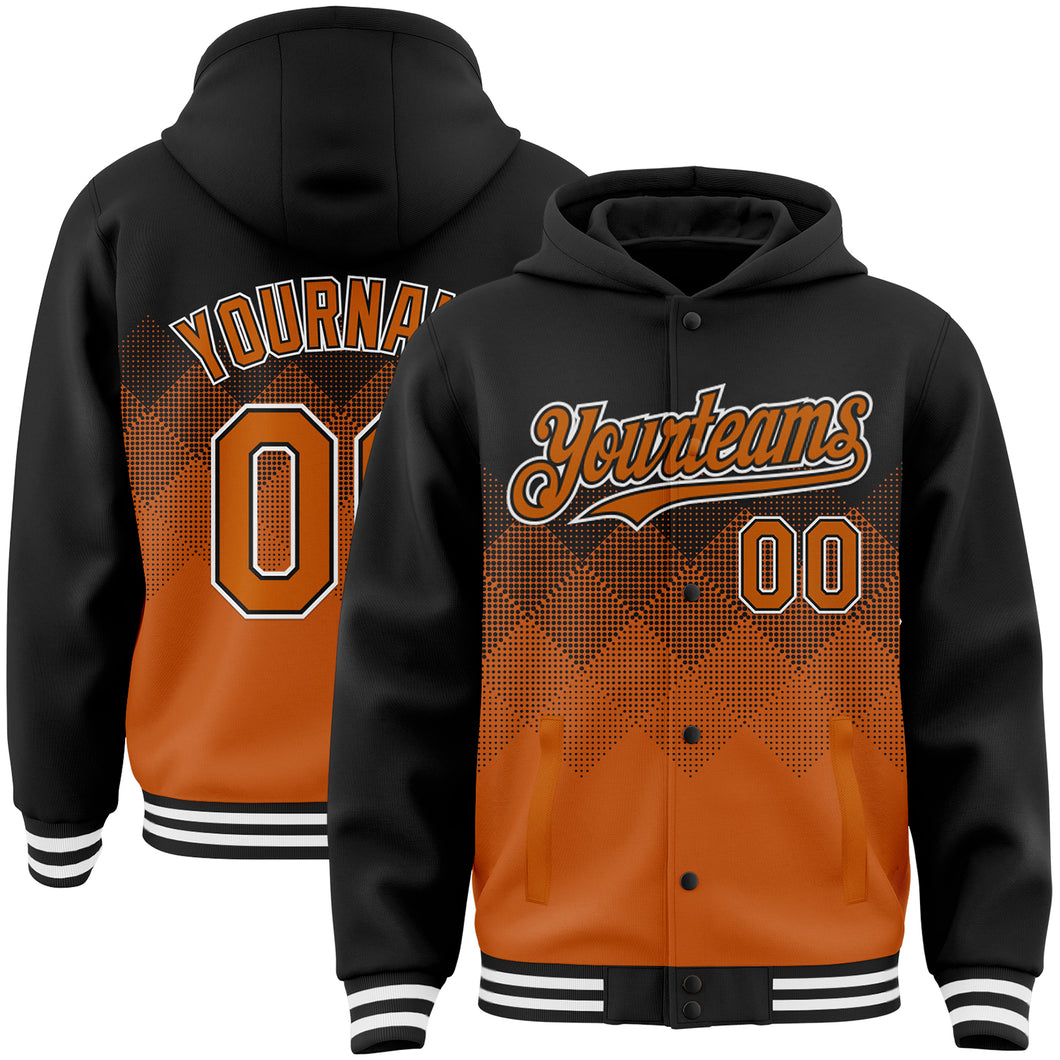 Custom Black Texas Orange-White Gradient Square Shape 3D Pattern Design Bomber Full-Snap Varsity Letterman Hoodie Jacket