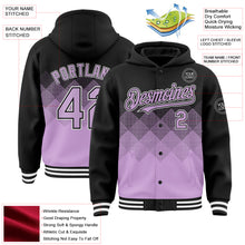 Charger l&#39;image dans la galerie, Custom Black Light Purple-White Gradient Square Shape 3D Pattern Design Bomber Full-Snap Varsity Letterman Hoodie Jacket
