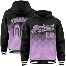 Charger l&#39;image dans la galerie, Custom Black Light Purple-White Gradient Square Shape 3D Pattern Design Bomber Full-Snap Varsity Letterman Hoodie Jacket
