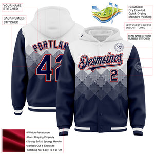 Custom White Navy-Red Gradient Square Shape 3D Pattern Design Bomber Full-Snap Varsity Letterman Hoodie Jacket