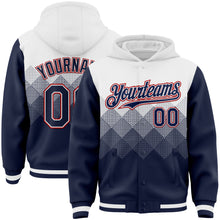 Загрузить изображение в средство просмотра галереи, Custom White Navy-Red Gradient Square Shape 3D Pattern Design Bomber Full-Snap Varsity Letterman Hoodie Jacket
