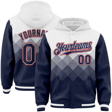 Custom White Navy-Red Gradient Square Shape 3D Pattern Design Bomber Full-Snap Varsity Letterman Hoodie Jacket