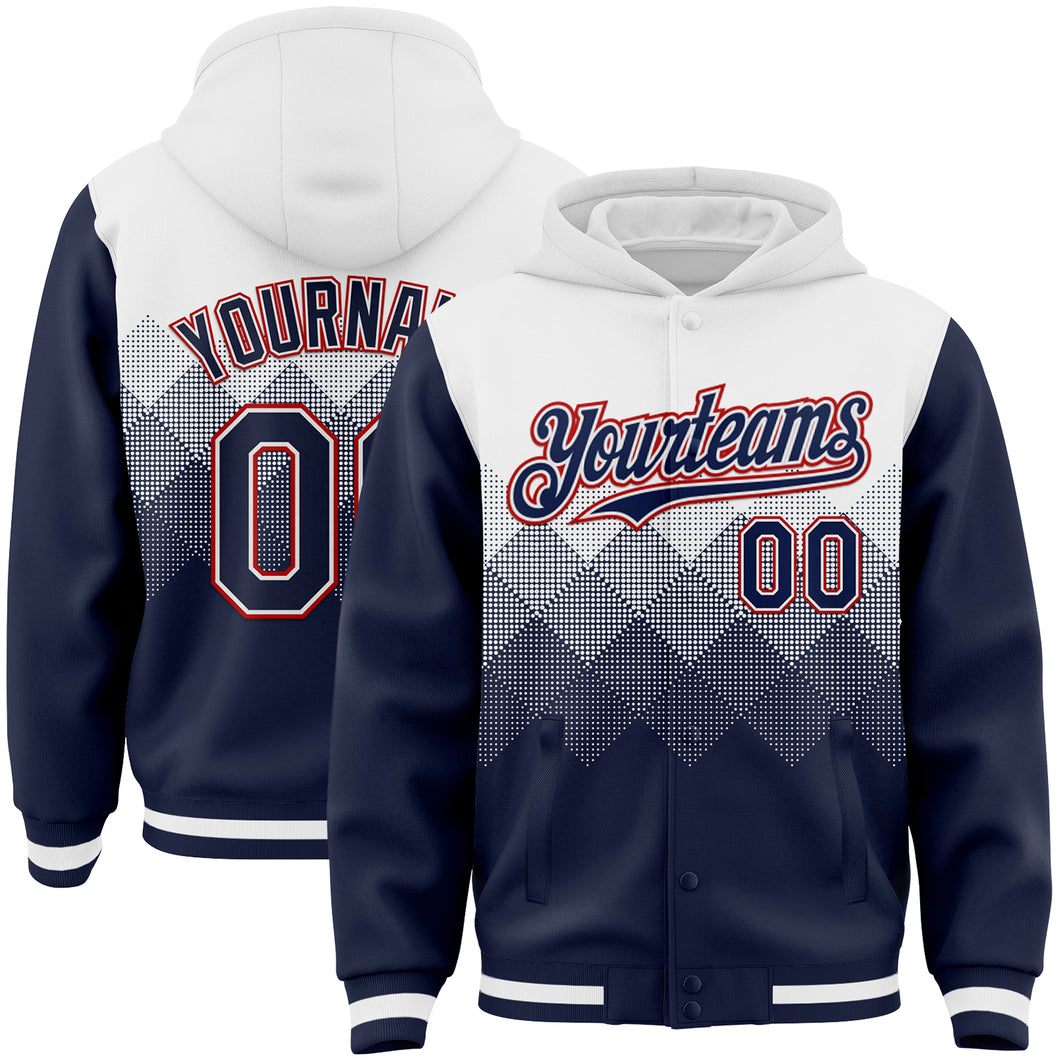 Custom White Navy-Red Gradient Square Shape 3D Pattern Design Bomber Full-Snap Varsity Letterman Hoodie Jacket