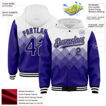 Загрузить изображение в средство просмотра галереи, Custom White Dark Purple-Black Gradient Square Shape 3D Pattern Design Bomber Full-Snap Varsity Letterman Hoodie Jacket
