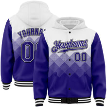 Загрузить изображение в средство просмотра галереи, Custom White Dark Purple-Black Gradient Square Shape 3D Pattern Design Bomber Full-Snap Varsity Letterman Hoodie Jacket
