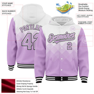 Custom White Light Purple-Black Gradient Square Shape 3D Pattern Design Bomber Full-Snap Varsity Letterman Hoodie Jacket