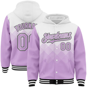 Custom White Light Purple-Black Gradient Square Shape 3D Pattern Design Bomber Full-Snap Varsity Letterman Hoodie Jacket