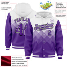 Загрузить изображение в средство просмотра галереи, Custom White Purple-Black Gradient Square Shape 3D Pattern Design Bomber Full-Snap Varsity Letterman Hoodie Jacket
