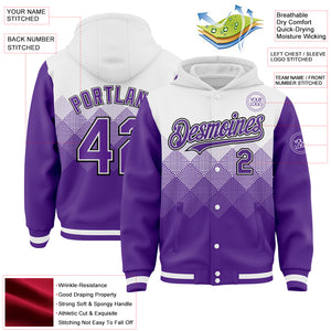 Custom White Purple-Black Gradient Square Shape 3D Pattern Design Bomber Full-Snap Varsity Letterman Hoodie Jacket