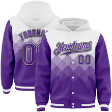 Загрузить изображение в средство просмотра галереи, Custom White Purple-Black Gradient Square Shape 3D Pattern Design Bomber Full-Snap Varsity Letterman Hoodie Jacket
